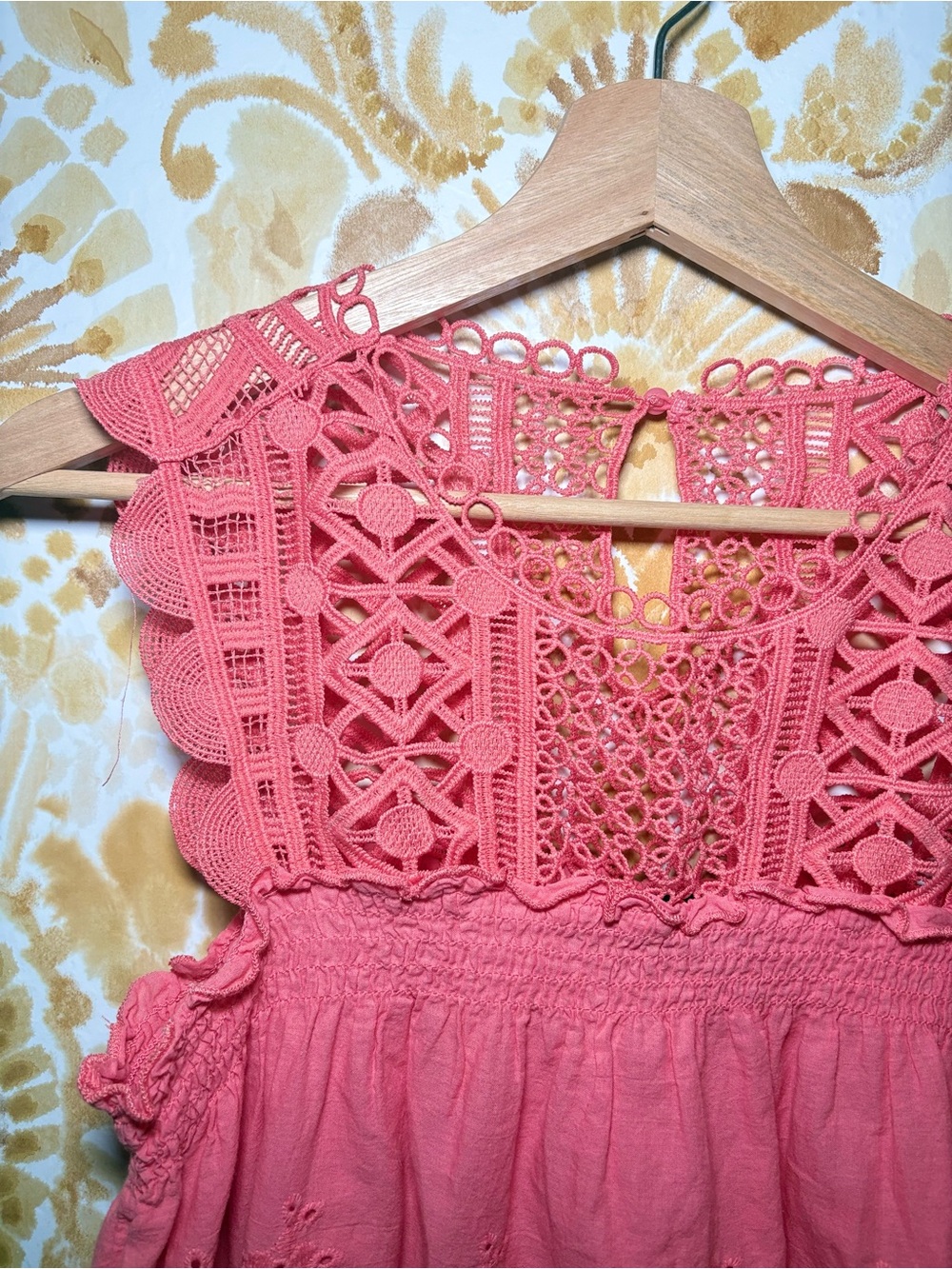 New York & Company Coral Eyelet Lace Crochet Blouse|Boho Smocked Sleeveless Top - Picture 7 of 11